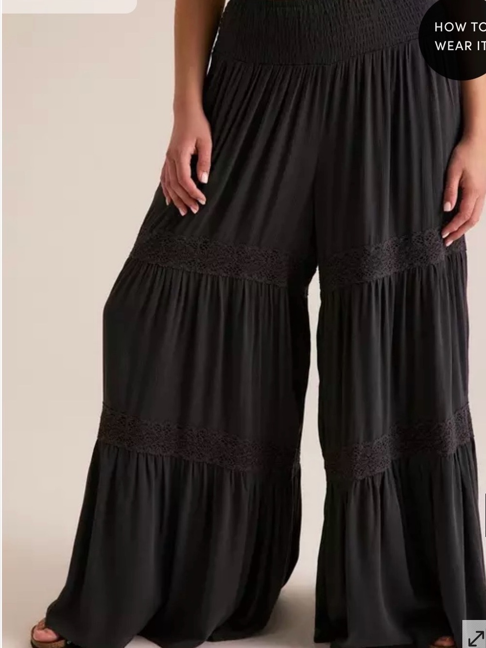 2BTogether Black Tiered Palazzo Pants Wide Leg Sz M Crochet Insert Boho Hippie